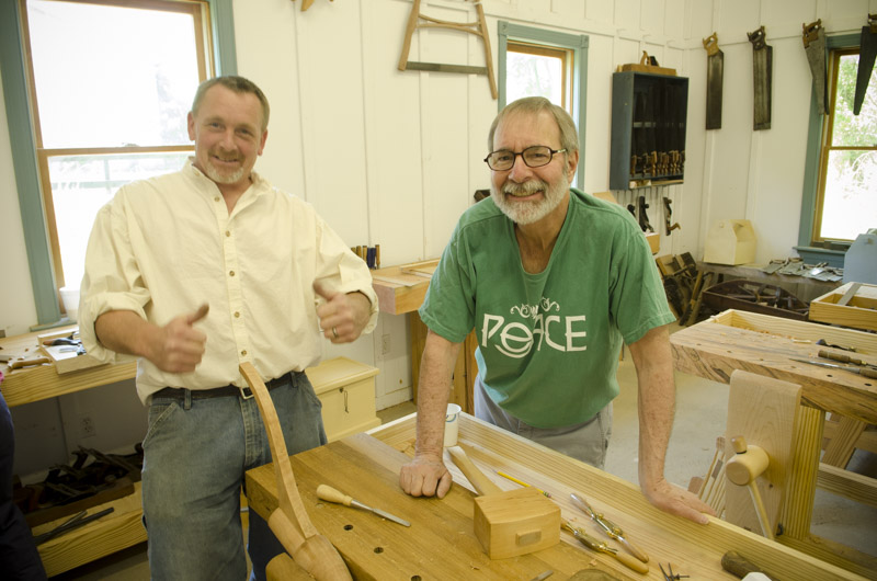 Will Myers posing with thumbs up with a student at the hancock shaker candle stand class at Joshua Farnsworth's Wood And Shop Traditional Woodworking School