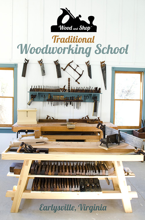 Interior of Joshua Farnsworth's Wood And Shop Traditional Woodworking School with workbenches, woodworking hand tools, and wood stove