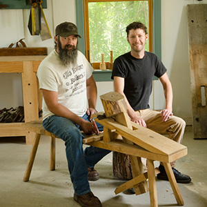 Ellis brothers on a shaving horse in a traditional woodworking class
