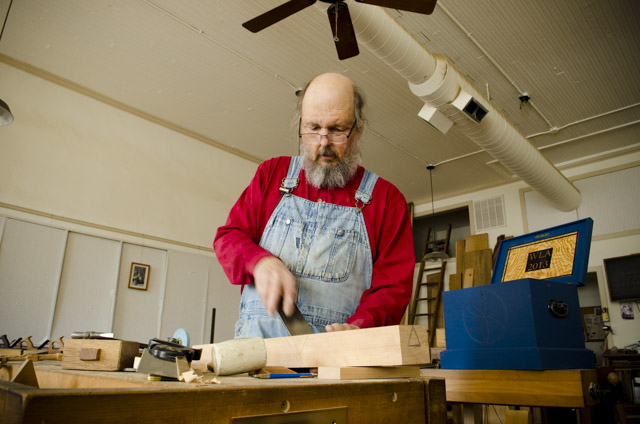 Bill Anderson fitting a handplane iron while making a wooden bench plane