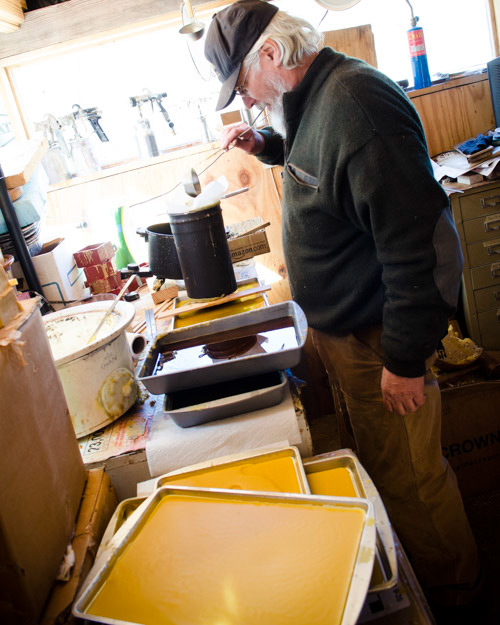 Don Williams refining beeswax for historic wood finish