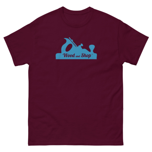 Wood and Shop Logo Woodworking Shirt Maroon Woodworking T-shirt