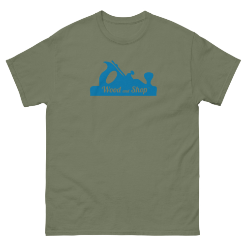 Wood and Shop Logo Woodworking Shirt military green Woodworking T-shirt