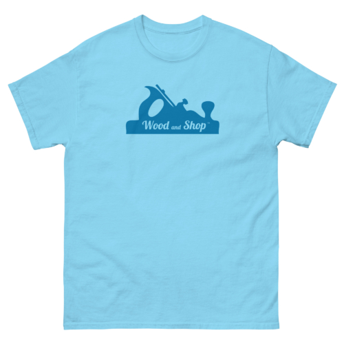 Wood and Shop Logo Woodworking Shirt Sky Blue Woodworking T-shirt