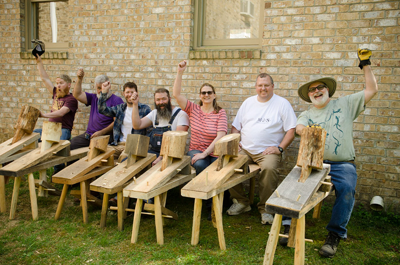 Hand tool woodworking class students make shave horse for green woodworking